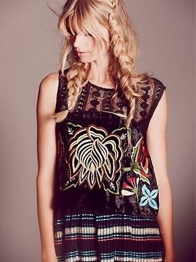Free People Native Rosd Black Velvet Sleeveless Embroidered Floral Top PLS READ